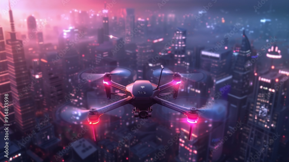 Drone Flying over a Neon Cityscape Drone Flying over a Neon Cityscape
