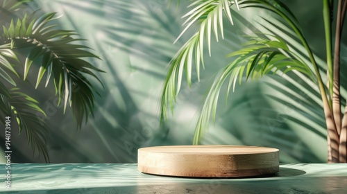 Minimal modern display podium with wooden base, green backdrop, and palm leaves in sunlight photo