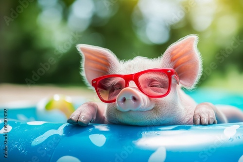 Playful pig in Trendy Red Sunglasses, Lazing on a Float in a Tropical Pool, Symbolizing Fun and Relaxation. photo