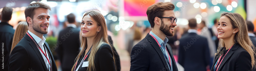 custom made wallpaper toronto digitalBusinesspeople interact energetically at a trade fair, set against a backdrop of bright banners and a lively, diverse audience.