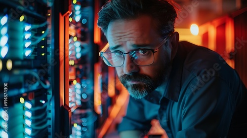 An engineer inspecting server cooling systems, multiple servers around, tools and equipment on a nearby table, focused expression, modern data center. Cool and warm lighting mix, high-definition,