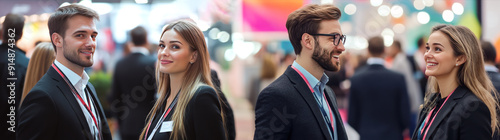 Wallpaper Mural Businesspeople interact energetically at a trade fair, set against a backdrop of bright banners and a lively, diverse audience. Torontodigital.ca