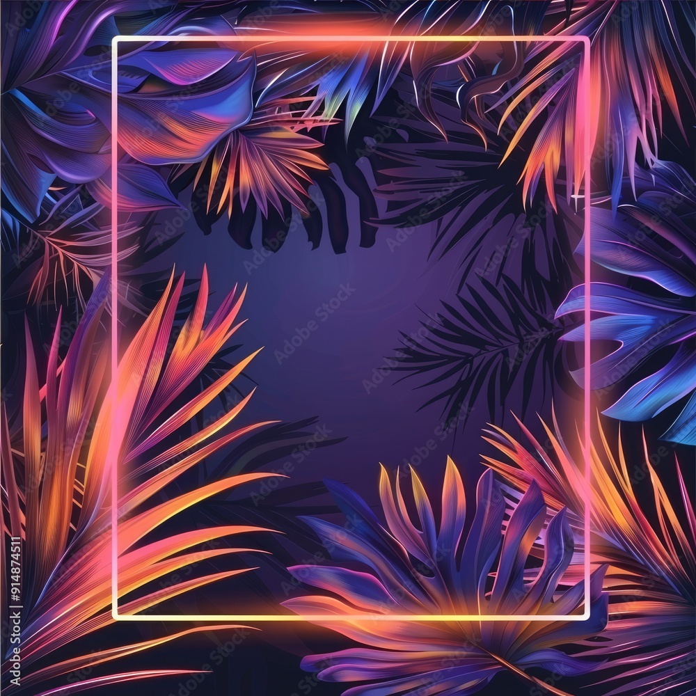A tropical elegant frame made of exotic emerald leaves and neon lighting. Stylish fashion banner. Plants illuminated with purple, orange, pink fluorescent light. A tropical elegant frame made of exotic emerald leaves and neon lighting. Stylish fashion banner. Plants illuminated with purple, orange, pink fluorescent light.