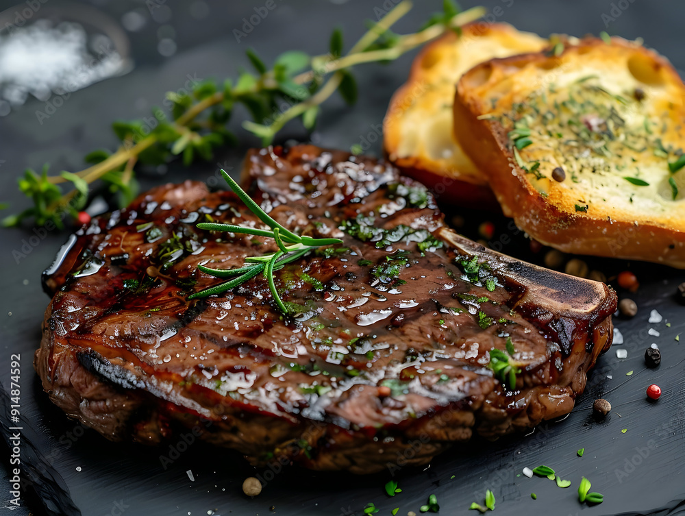Grilled Steak with Rosemary and Garlic Bread - Food Photography Grilled Steak with Rosemary and Garlic Bread - Food Photography