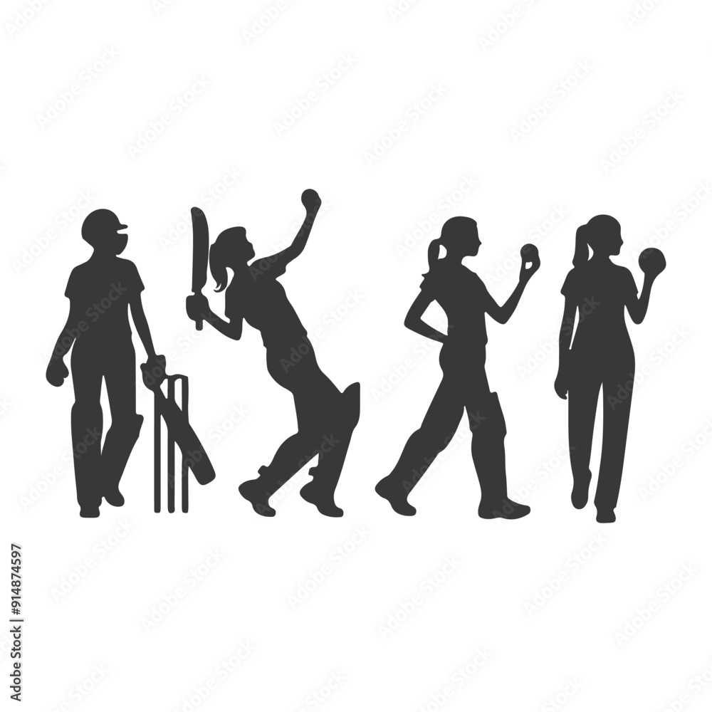 Cricket player, isolated vector silhouette, ink drawing. Cricket logo, Multiple images of a cricket player Cricket player, isolated vector silhouette, ink drawing. Cricket logo, Multiple images of a cricket player