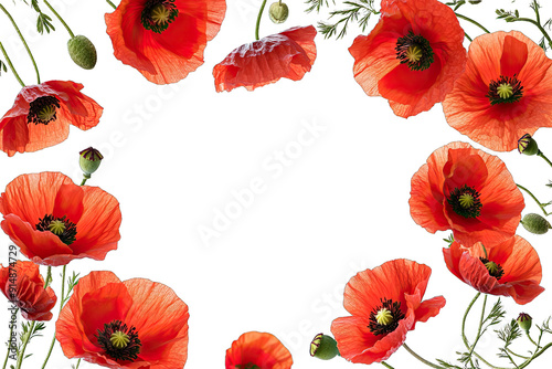 Decorative Frame Red Poppy Flowers isolated on white background