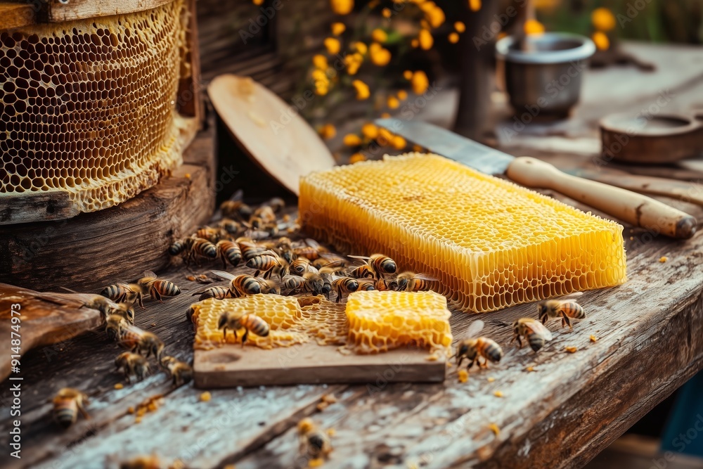 Beekeeping Harvesting Honeycomb at a Rustic Outdoor Setting During Late Afternoon Beekeeping Harvesting Honeycomb at a Rustic Outdoor Setting During Late Afternoon