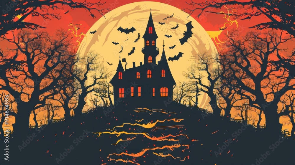 An old, spooky house on top of a hill with a full moon An old, spooky house on top of a hill with a full moon