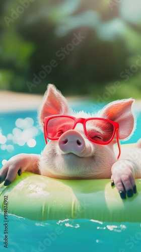 Playful pig in Trendy Red Sunglasses, Lazing on a Float in a Tropical Pool, Symbolizing Fun and Relaxation. photo