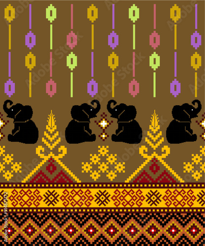 Thai abstract art for background, print, fabric, handmade, embroidery, Pixel pattern, seamless Geometric ethnic oriental, carpet, wallpaper, clothing, wrapping, fabric, and illustration embroidery.