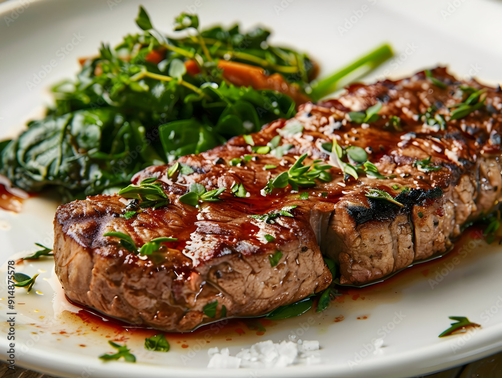 Grilled Steak with Spinach and Thyme - Realistic Food Photography Grilled Steak with Spinach and Thyme - Realistic Food Photography