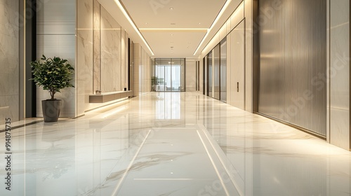 The modern minimalist corridor design features a spacious structure and a panoramic view, emphasizing light colors and a simple aesthetic. Showcasing the perfect combination of simplicity and elegance