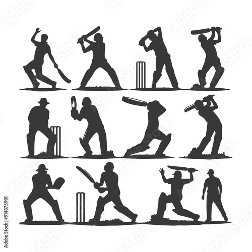 Cricket player, isolated vector silhouette, ink drawing. Cricket logo, Multiple images of a cricket player