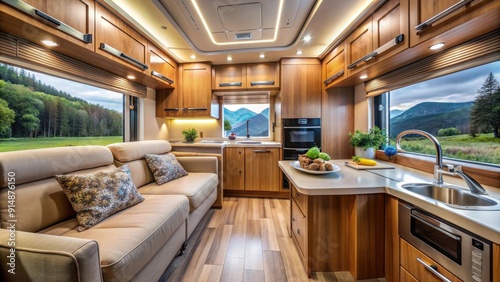 Cozy motorhome interior with fully equipped kitchen perfect for camping and traveling adventures, recreational vehicles