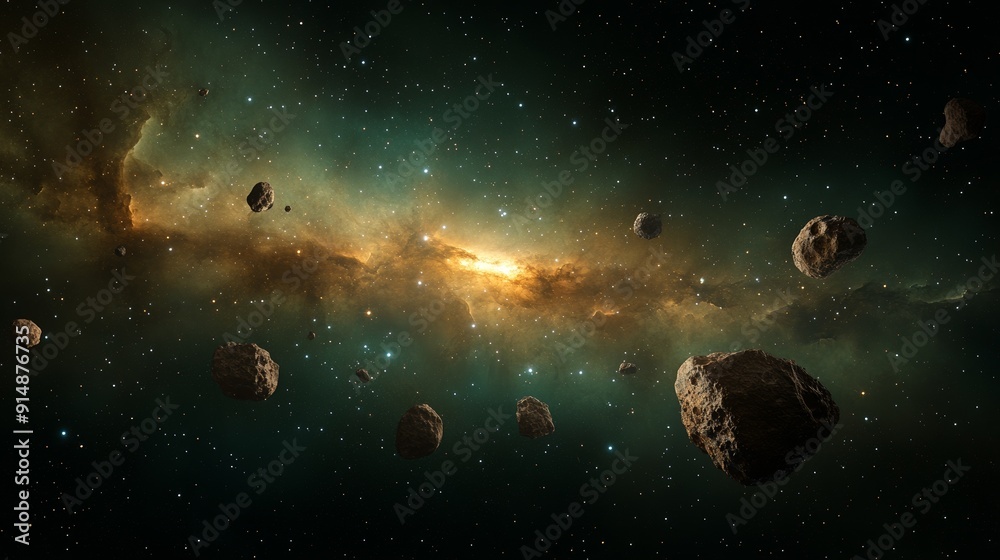 Naklejka premium The vast asteroid belt and massive rocks in deep space showcase the mystery and vastness of outer space, capturing the endless, cold, and silent beauty of the universe