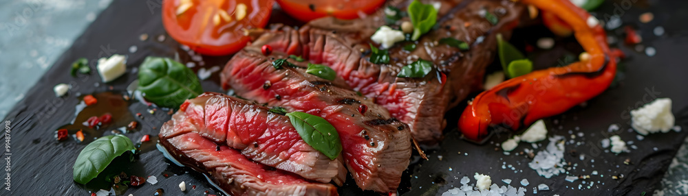 Grilled Steak with Red Peppers, Tomatoes and Basil - Food Photography