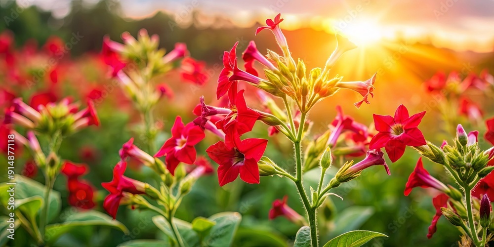 Beautiful red tobacco flowers blossoming on a summer day outdoors Beautiful red tobacco flowers blossoming on a summer day outdoors
