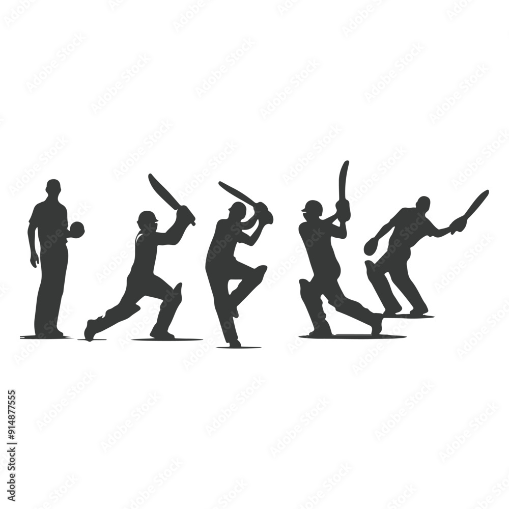 Cricket player, isolated vector silhouette, ink drawing. Cricket logo, Multiple images of a cricket player Cricket player, isolated vector silhouette, ink drawing. Cricket logo, Multiple images of a cricket player
