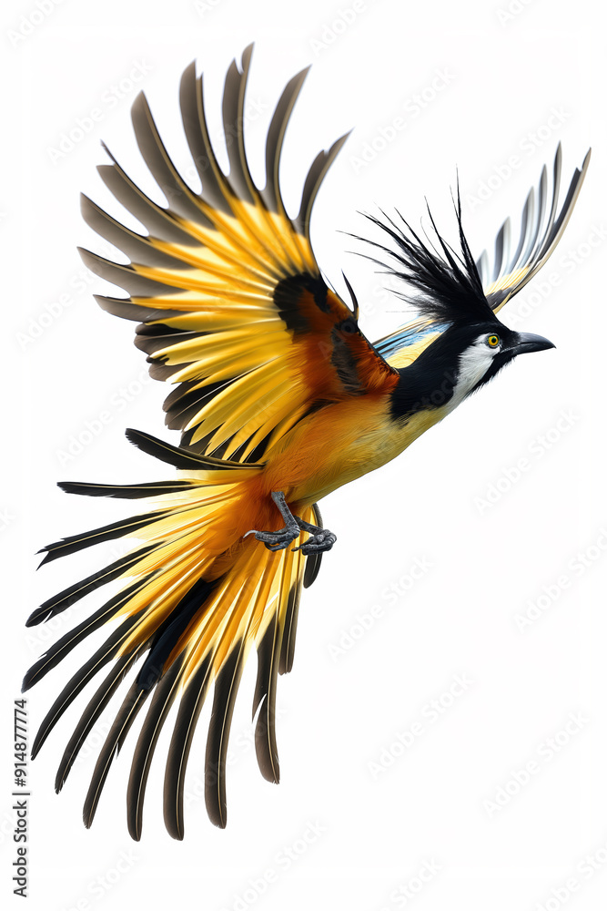 Obraz premium Exotic bird with yellow feathers is flying with wide open wings