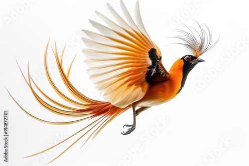 Exotic bird of paradise flying with open wings on white background