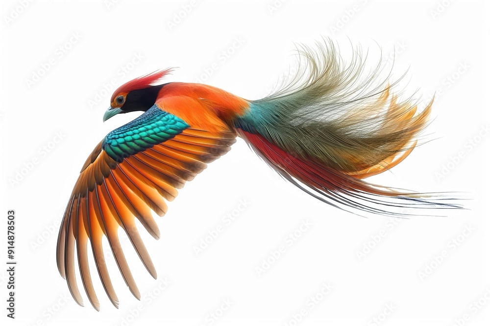 Obraz premium Golden pheasant flying with vibrant colors on white background
