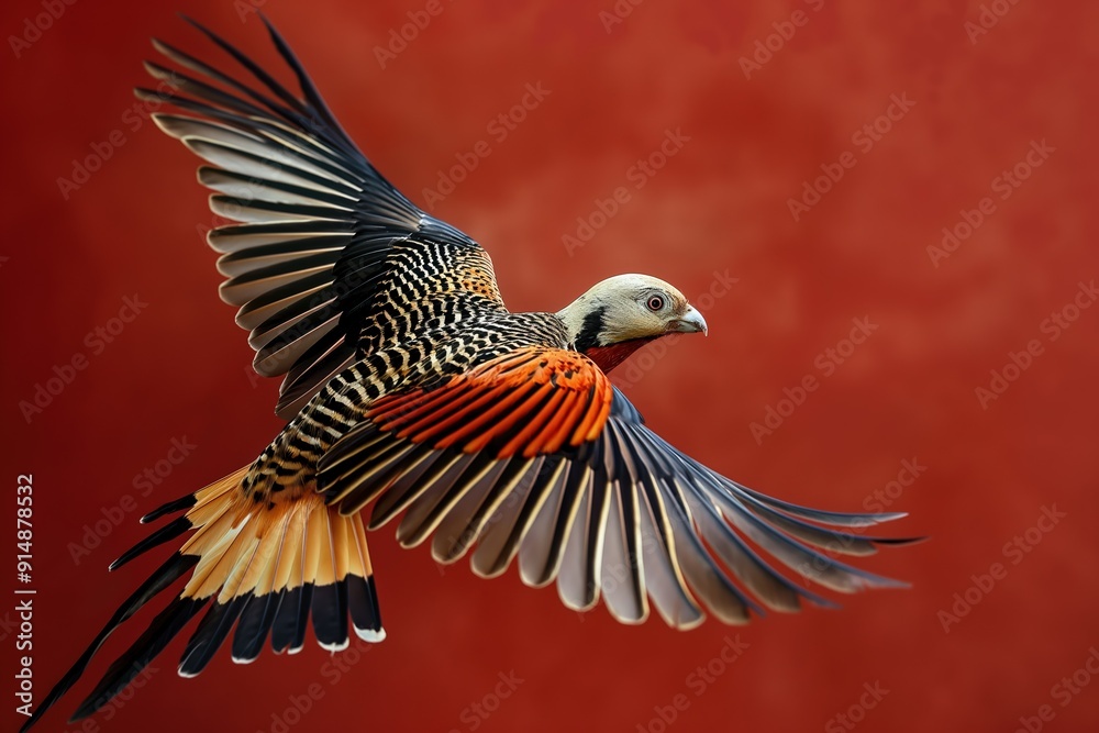 Obraz premium Beautiful golden pheasant flying with outstretched wings