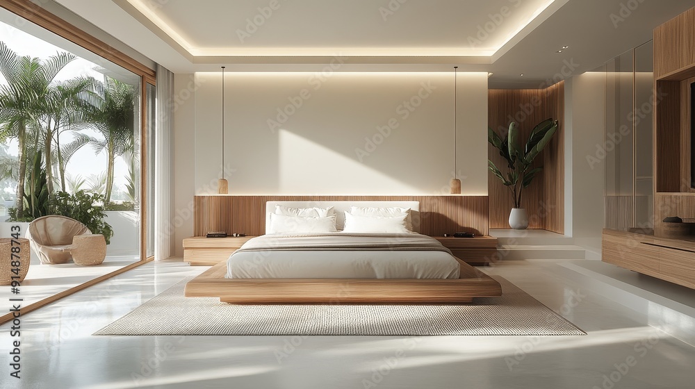 Elegant bedroom with bright white interior. Minimalist wall decoration creates a clean and peaceful atmosphere. Adopting lightweight countertops and modern design, showcasing a refined feeling. Elegant bedroom with bright white interior. Minimalist wall decoration creates a clean and peaceful atmosphere. Adopting lightweight countertops and modern design, showcasing a refined feeling.