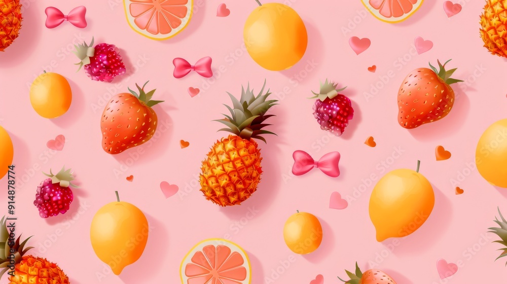 Vibrant Fruits and Bows Pattern on Pink