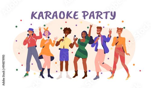 Karaoke party people. Happy men and women with microphones sing. Creativity and art. Party and disco. Young guys and girls with mics. Flat vector illustration