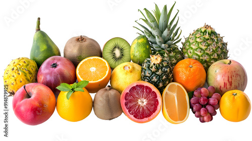 diverse selection of fresh tropical fruits isolated on transparent background, including pineapple, kiwi, orange, and more, highlighting healthy and vibrant produce