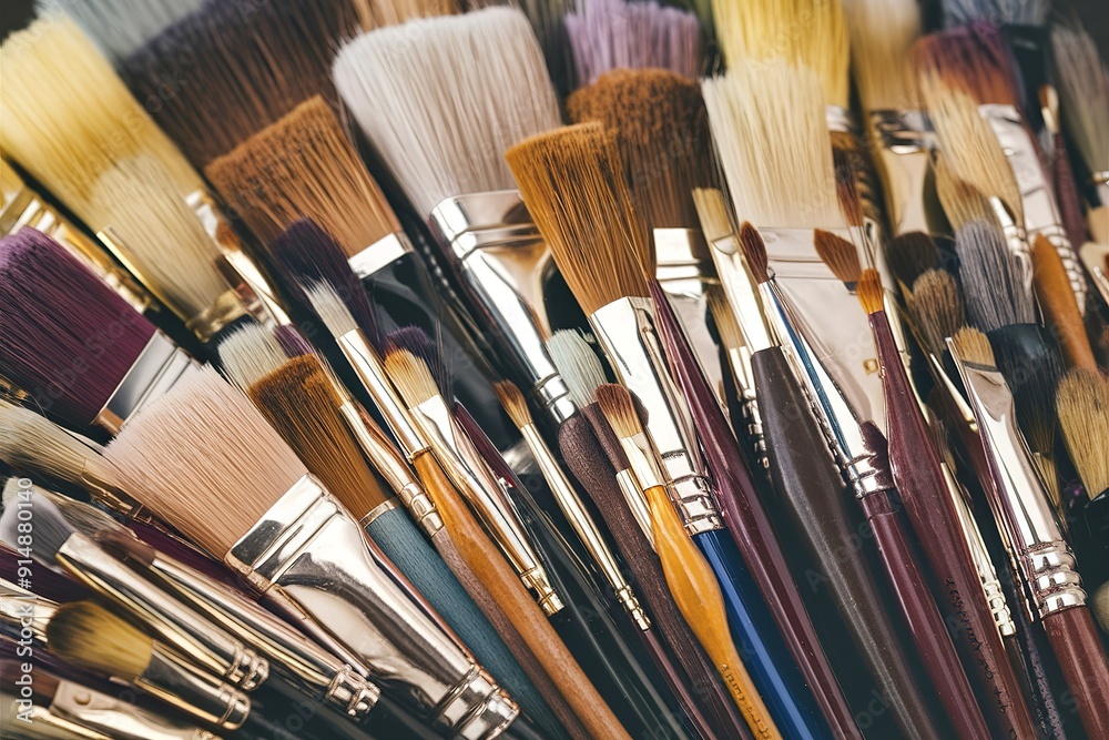 Fototapeta premium An array of paintbrushes, each with varying bristle types and sizes