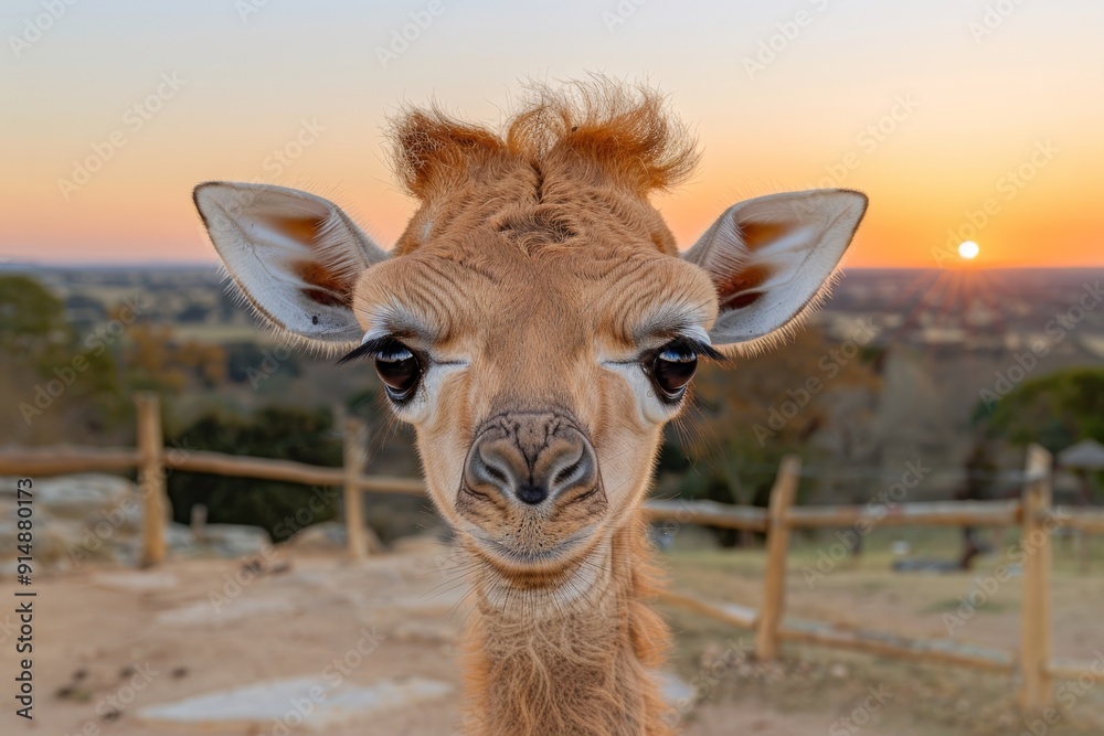 Obraz premium Close up of a giraffes face at sunset with a warm golden glow symbolizing the beauty of wildlife and the serene atmosphere of nature captured in rich vibrant colors