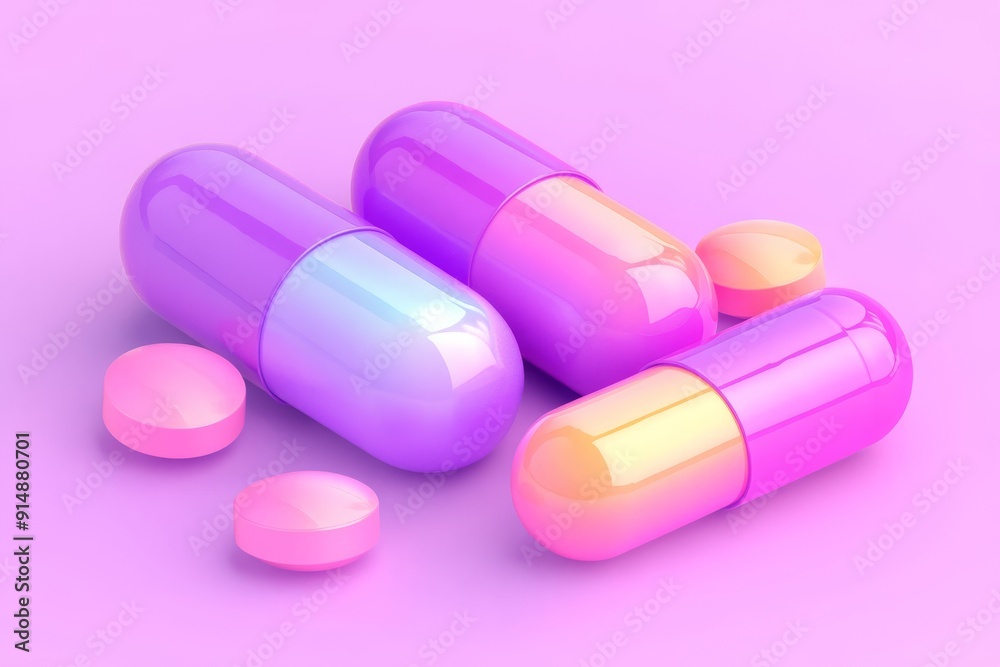 Close up of pastel colored capsules on a soft pink background highlighting the contrast between pharmaceutical design and vibrant aesthetics captured in bright even lighting Close up of pastel colored capsules on a soft pink background highlighting the contrast between pharmaceutical design and vibrant aesthetics captured in bright even lighting