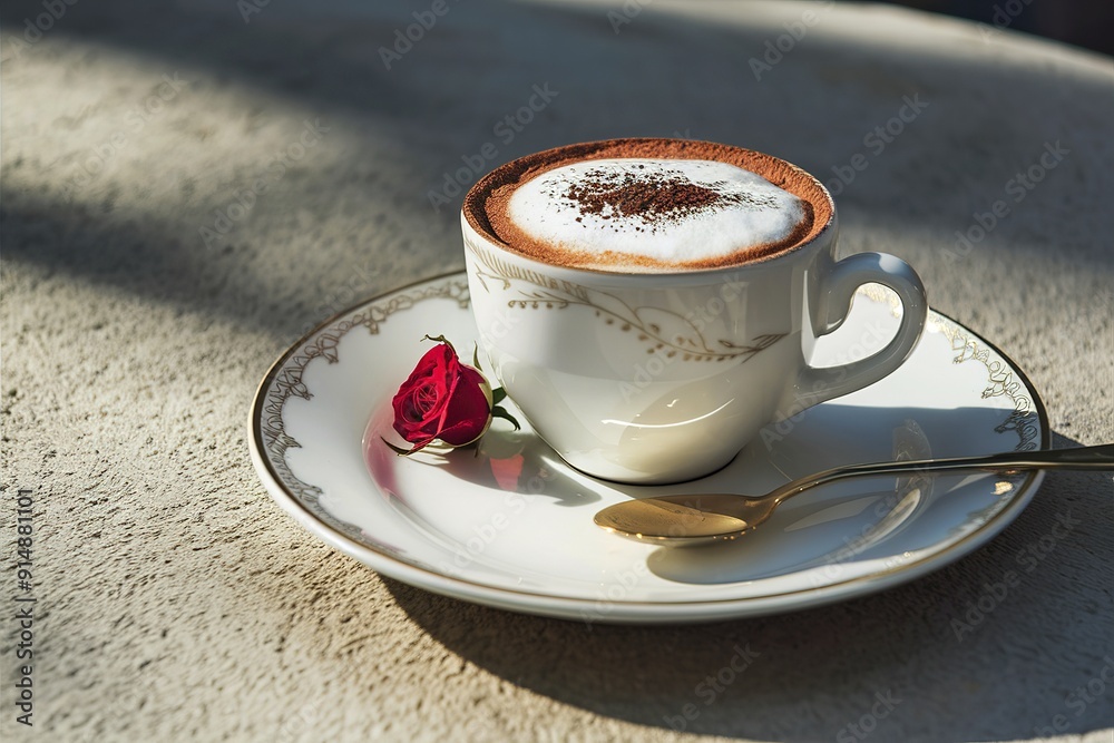 A sunlit outdoor setting, with a white cup of cappuccino placed on a saucer A sunlit outdoor setting, with a white cup of cappuccino placed on a saucer