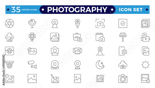Photography icon set. Camera, photographer, video, photo, and more. Photography studio. Camera icon set. Take photo and video camera icons collection—editable stroke outline icon. 