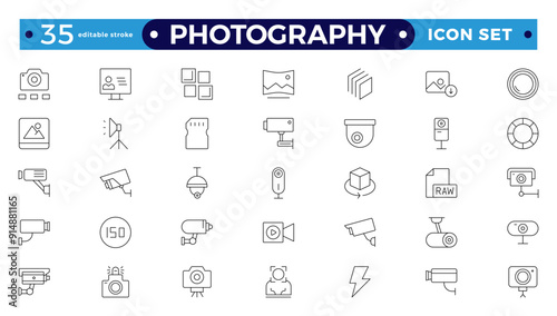 Photography icon set. Camera, photographer, video, photo, and more. Photography studio. Camera icon set. Take photo and video camera icons collection—editable stroke outline icon. 