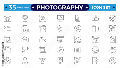 Photography icon set. Camera, photographer, video, photo, and more. Photography studio. Camera icon set. Take photo and video camera icons collection—editable stroke outline icon. 