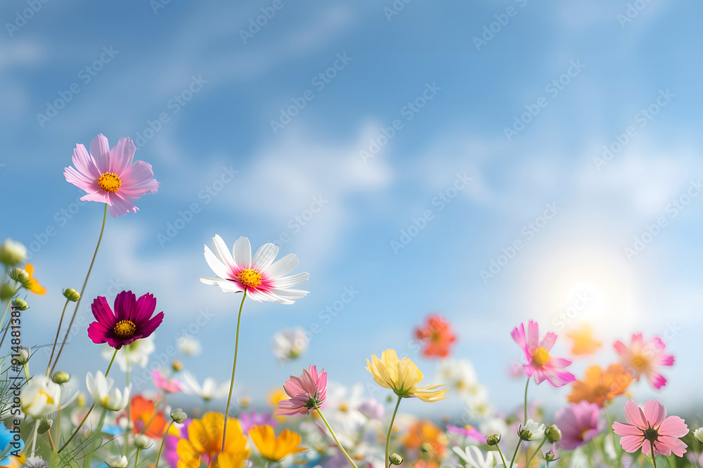 Vibrant field of colorful wildflowers under a bright summer sky Vibrant field of colorful wildflowers under a bright summer sky