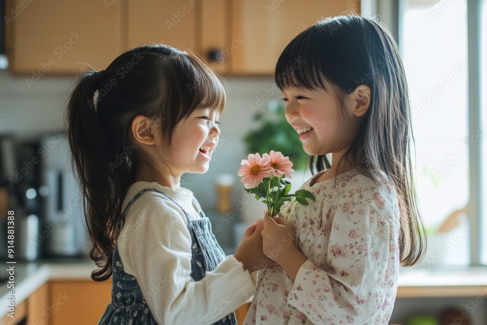 A Japanese mother surprised by her daughter hiding a flower behind her back, bright kitchen setting. High-resolution, detailed textures, crisp focus A Japanese mother surprised by her daughter hiding a flower behind her back, bright kitchen setting. High-resolution, detailed textures, crisp focus