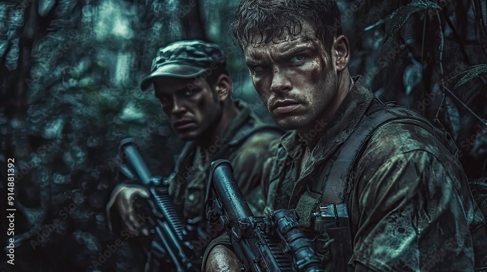 Two Soldiers Camouflaged in Dense Foliage, Holding Rifles Two Soldiers Camouflaged in Dense Foliage, Holding Rifles