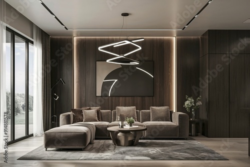 Minimalist modern interior in dark tones with ultra modern elegant lighting
