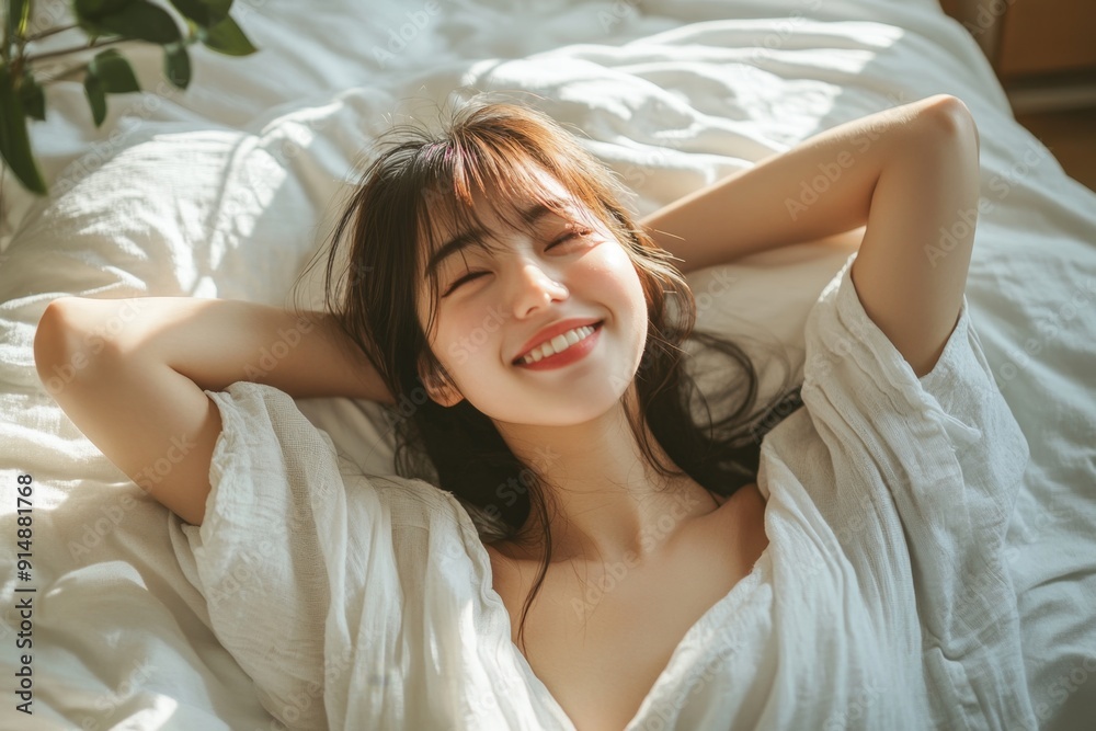 A Japanese woman stretching and smiling in bed, morning light, cozy bedroom. High-resolution, detailed textures, crisp focus