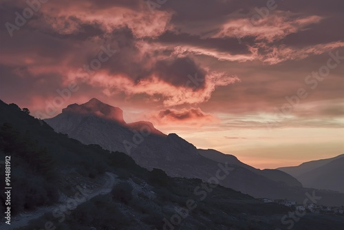 A breathtaking sunset or sunrise over a mountainous landscape