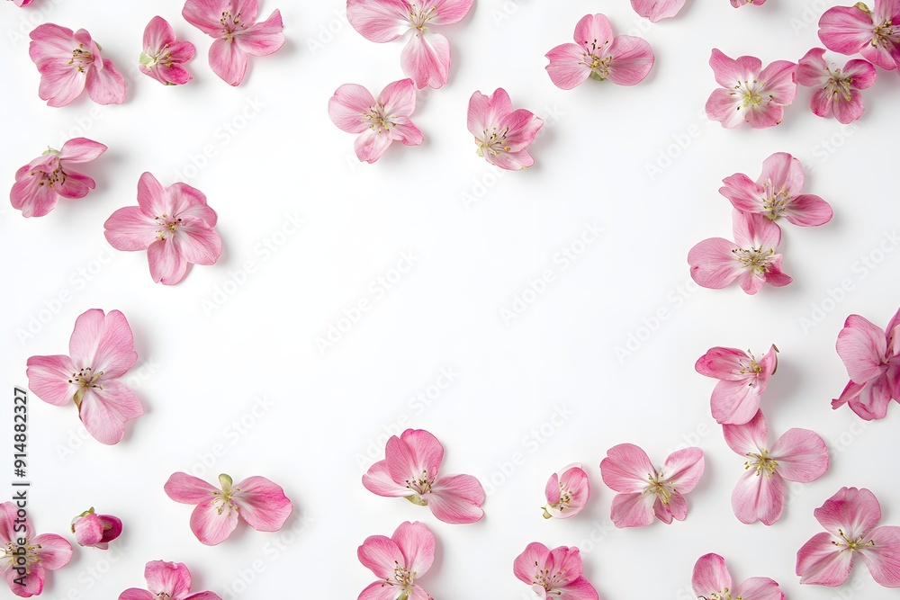 Scattered Pink Flowers on White Background with Copy Space for Floral Arrangements, Nature and Botanical Designs Scattered Pink Flowers on White Background with Copy Space for Floral Arrangements, Nature and Botanical Designs