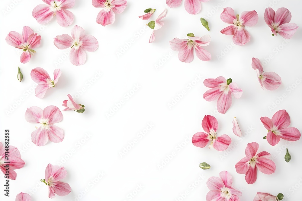 Scattered Pink Flowers on White Background with Copy Space for Floral Arrangements, Nature and Botanical Designs Scattered Pink Flowers on White Background with Copy Space for Floral Arrangements, Nature and Botanical Designs