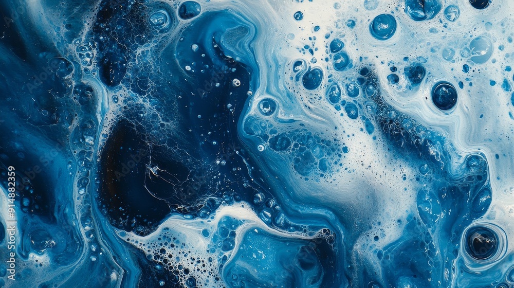 The abstract acrylic casting painting showcases ocean like tones, details of deep blue and white, and close-up shots of bubbles, reflecting the dynamic energy and tranquility of marine life. The abstract acrylic casting painting showcases ocean like tones, details of deep blue and white, and close-up shots of bubbles, reflecting the dynamic energy and tranquility of marine life.