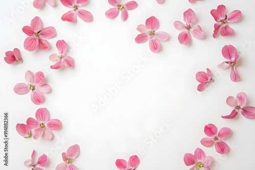 Scattered Pink Flowers on White Background with Copy Space for Floral Arrangements, Nature and Botanical Designs