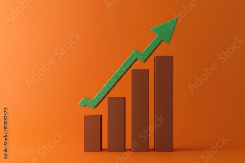 Rising Green Bar Graph on Orange Background: A 3D Illustration Symbolizing Growth and Positive Trends in Data Visualization. photo