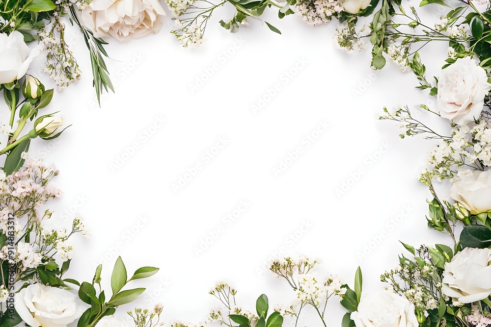 Naklejka premium Blank White Paper with Copy Space, Elegant White Roses, Wildflowers and Petals. Soft Delicate Floral Composition. Mock up Template