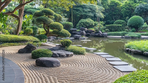 Serene Japanese Garden with Pond and Stone Path